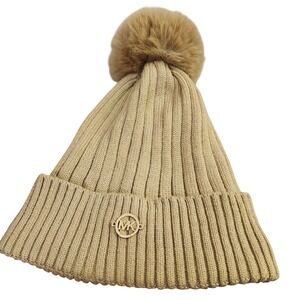 Michael Kors Faux Fur fleece-lined Pom Beanie Hat Winter Knit Cap Gold Logo Warm